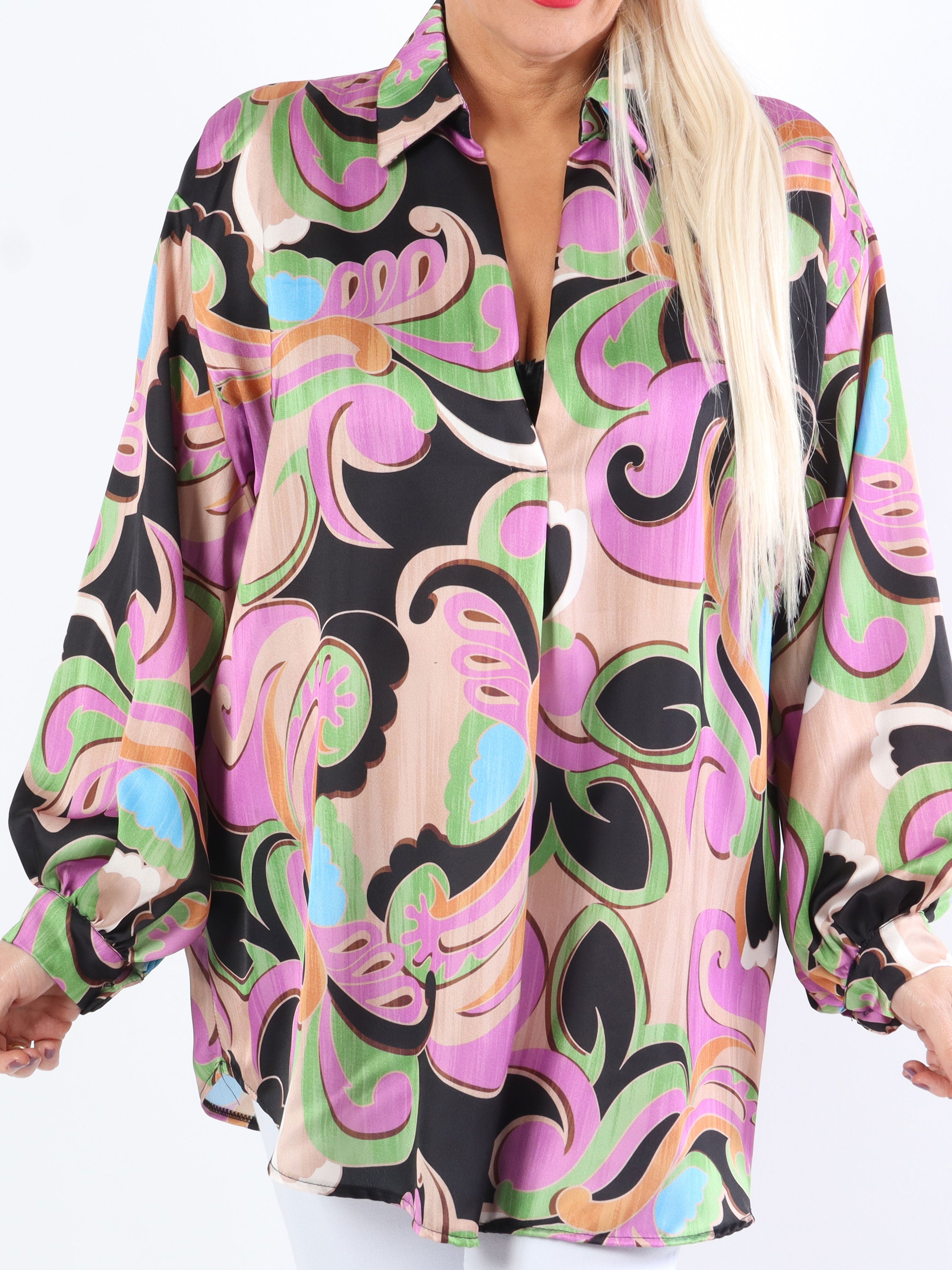 Happy - Flerfarvet plus size skjorte i silkelook